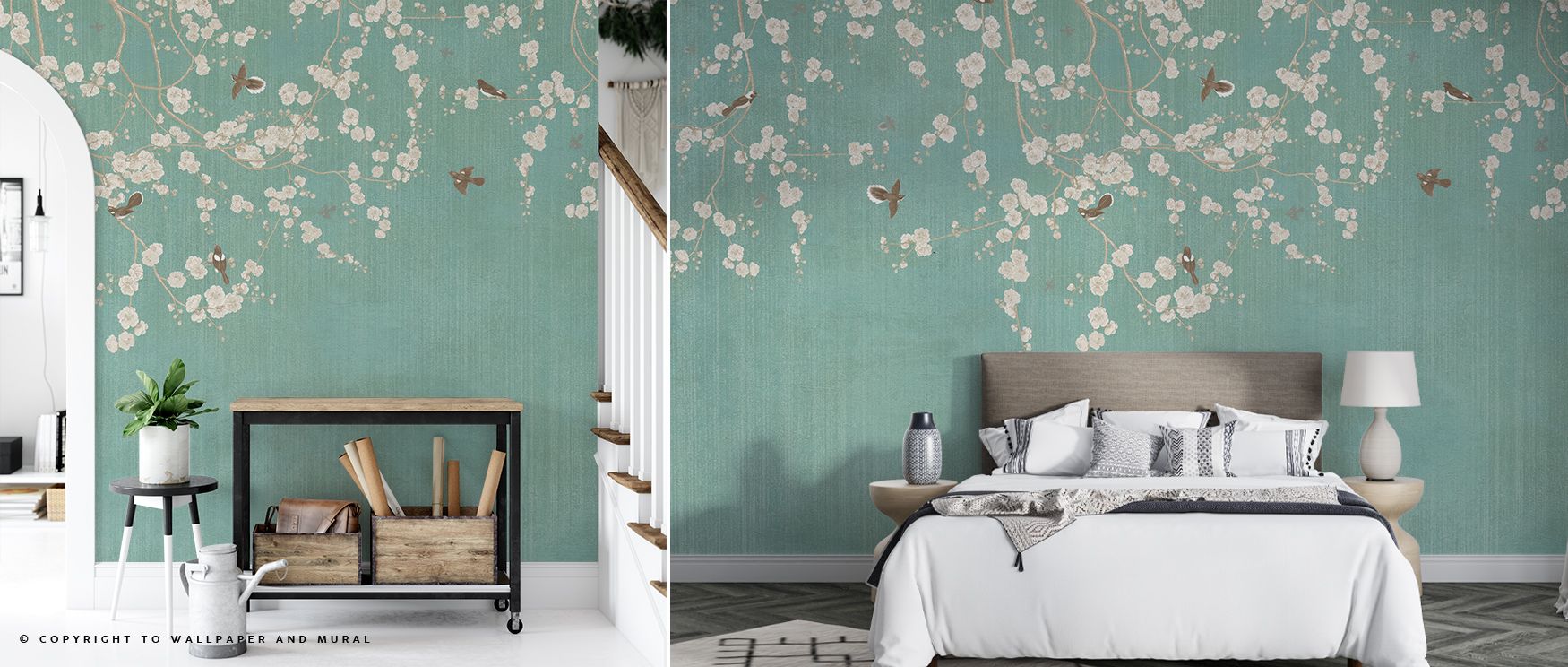Gentle pastel tones shimmer in Beneath The Cherry Tree Mint Wallpaper, where silver-white blooms meet soft air. Each gradient conveys motion and rest, shaping interiors with tender composure and the peaceful glow of quiet floral poetry and spring morning 