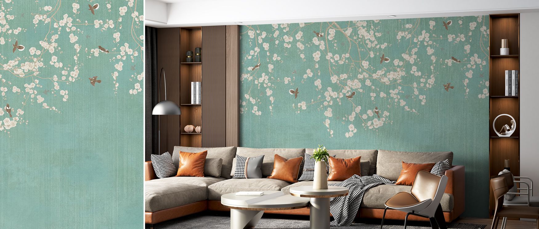 Muted petals float across Beneath The Cherry Tree Mint Wallpaper, softly layered against mint hue. The imagery celebrates renewal and elegance, adding emotional calm and refined lightness to modern living or bedroom interiors immersed in natural tranquili