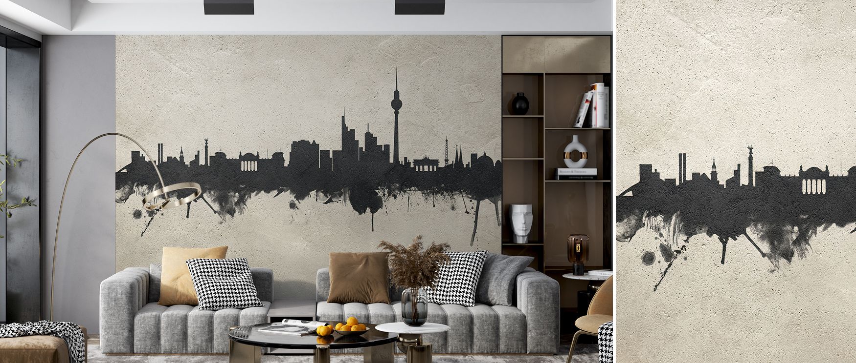 Gentle light moves across Berlin Skyline Concrete Wallpaper, softening structure with subtle illumination. The design enriches rooms with balance, warmth, and restrained artistic tone that complements modern and industrial interiors alike.