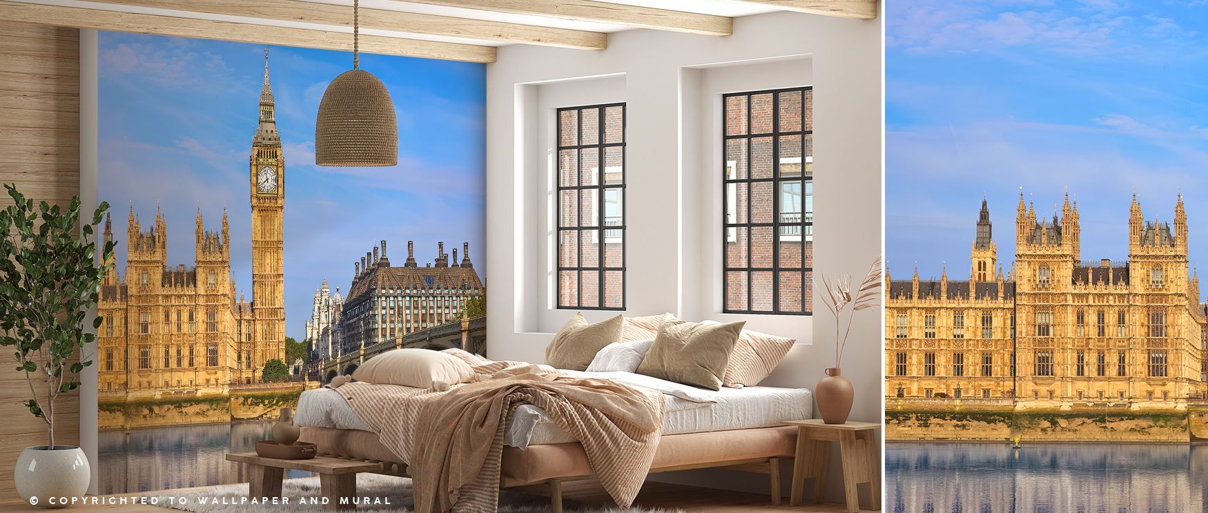 Serene water lines shimmer across Big Ben Tower and Thames River Wallpaper, carrying emotion through soft reflection. The composition evokes warmth and nostalgia, adding visual poetry and calm radiance to modern, elegant living areas.