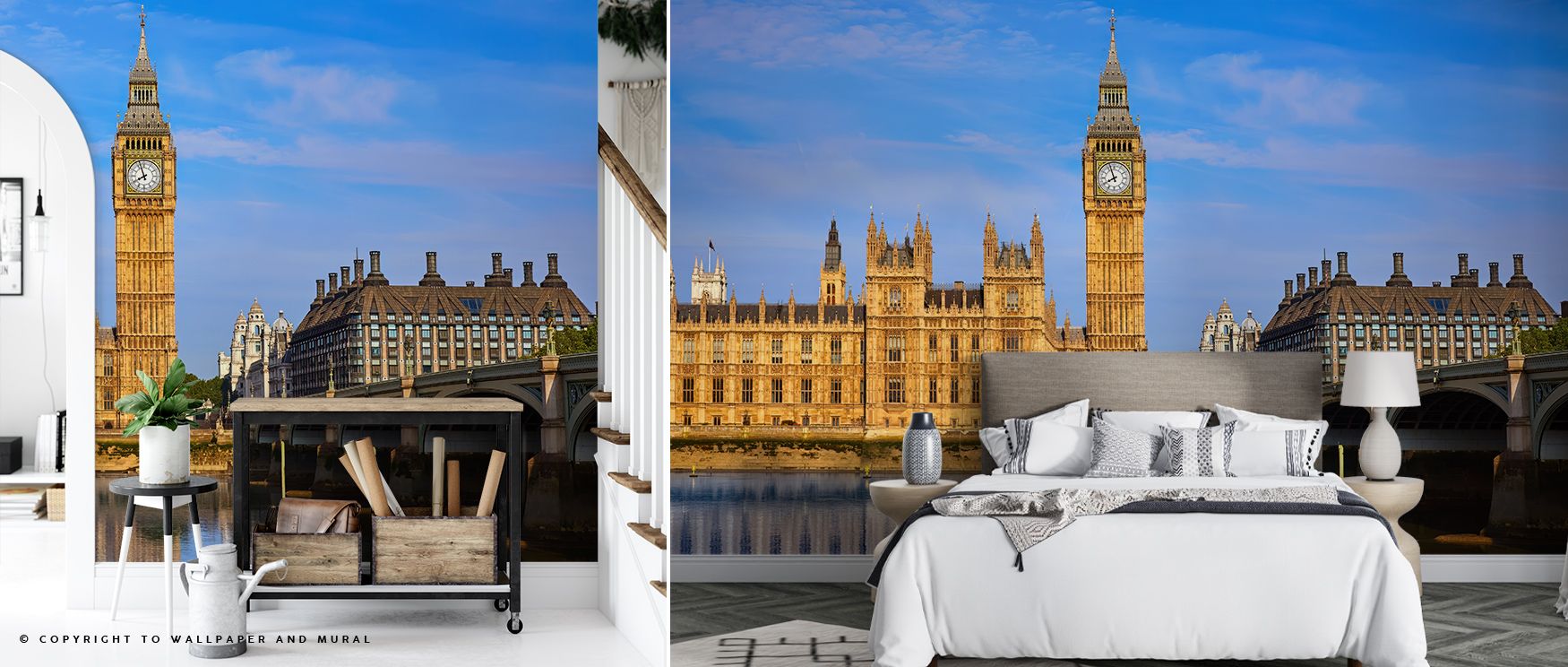 Architectural calm unfolds through Big Ben Tower and Thames River Wallpaper, where detail meets still water. Each tone conveys structure and peace, uniting tradition and artistry within a harmonious palette of bronze, blue, and silver light.