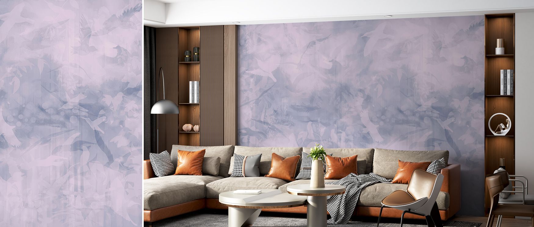 Tranquil radiance flows through Birds of Freedom Purple Wallpaper, blending tone, shadow, and light. Each movement inspires calm composure, perfect for interiors seeking gentle energy and the meditative grace of artistic freedom.