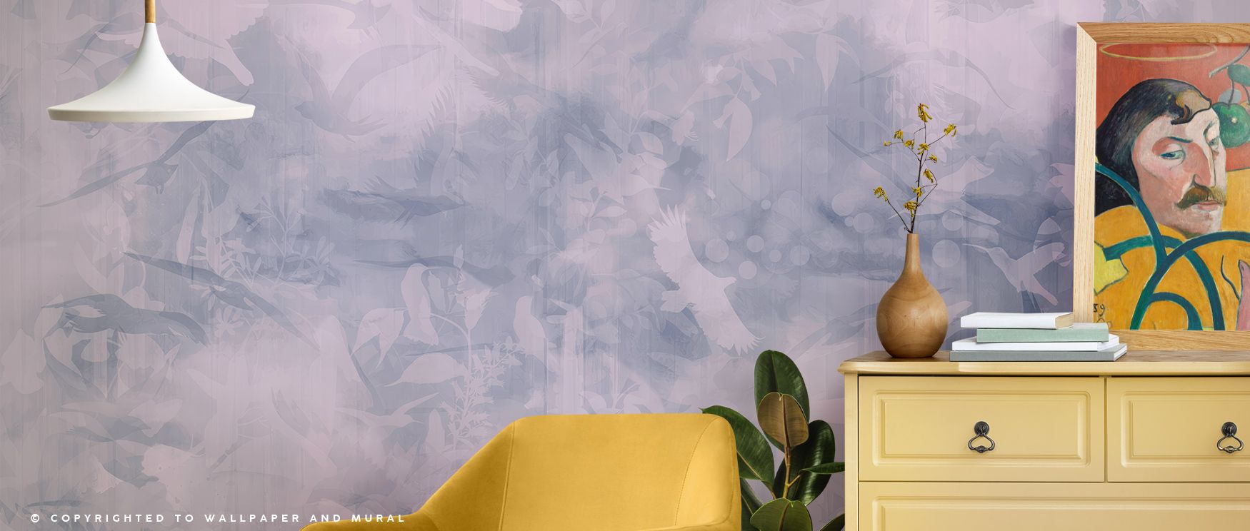 Soft twilight rests within Birds of Freedom Purple Wallpaper, outlining birds in subtle glow. The composition evokes warmth, calm, and depth, transforming interiors into harmonious retreats that celebrate motion and visual ease.