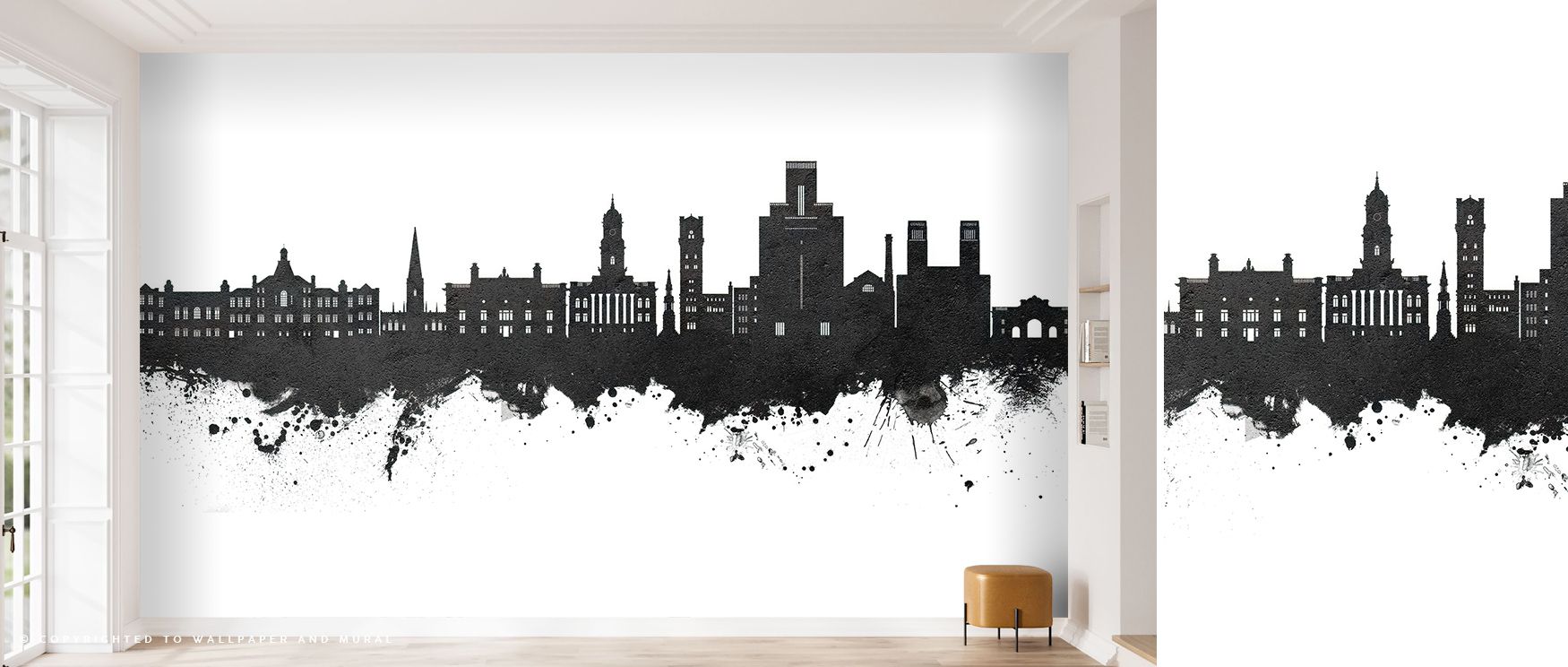 Silver light glides across Birkehead England Skyline Black & White Wallpaper, illuminating architectural silhouettes with quiet strength. The imagery embodies modern sophistication, turning interiors into urban sanctuaries filled with composure, shadow, a