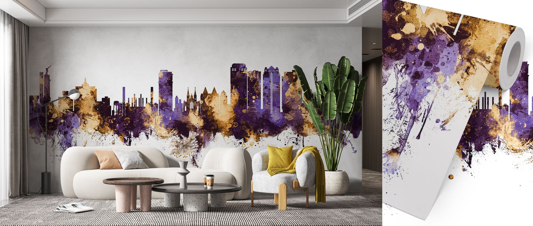 Evening grace radiates from Birmingham Alabama Skyline Purple & Gold Wallpaper, where metallic contrast and shadow meet. The imagery evokes poetic calm, ideal for interiors seeking sophistication grounded in design integrity and tranquil color expression.
