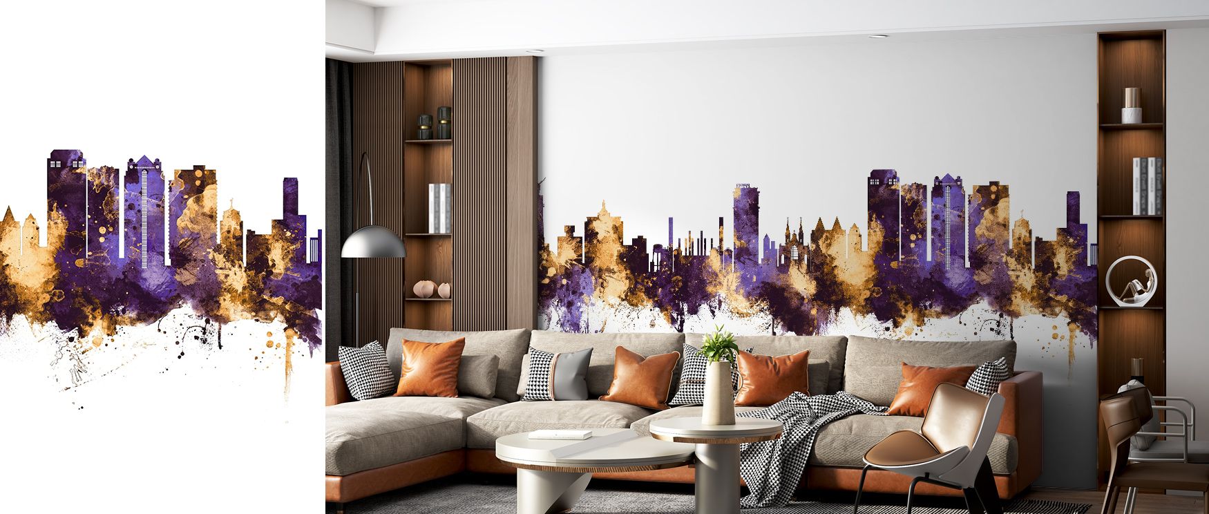 Soft violet air surrounds Birmingham Alabama Skyline Purple & Gold Wallpaper, illuminating structure with golden light. The design captures urban dignity and composure, enriching rooms with balance and serenity drawn from southern inspiration.