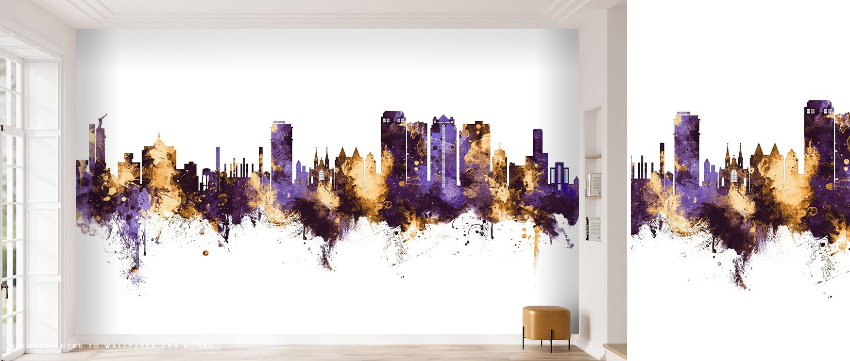 Twilight reflection shines across Birmingham Alabama Skyline Purple & Gold Wallpaper, merging soft glamour and tone. Each skyline line glows with emotional warmth, crafting interiors that honor modern refinement and architectural pride.