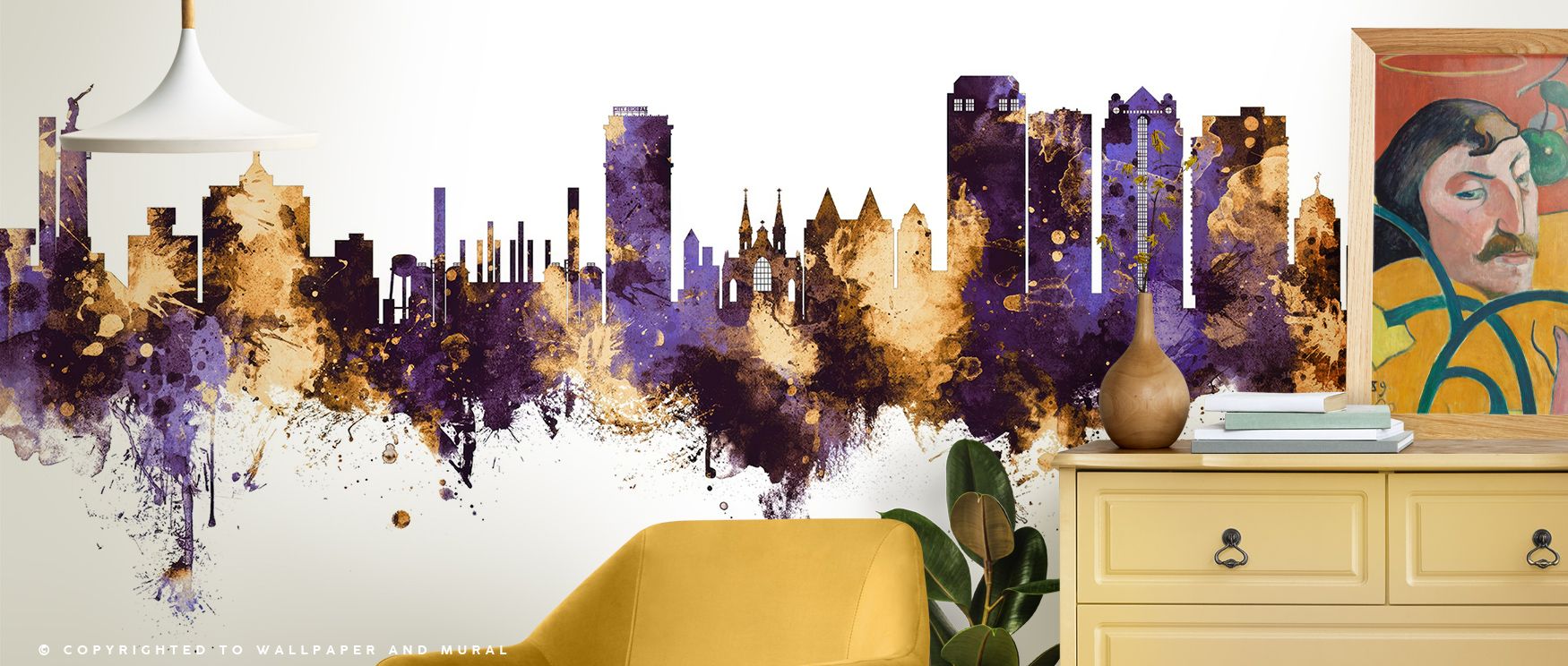Warm luminosity graces Birmingham Alabama Skyline Purple & Gold Wallpaper, expressing design rhythm and tranquility. Each curve suggests modern grace, adding stillness and brilliance to interiors shaped by contemporary artful taste.