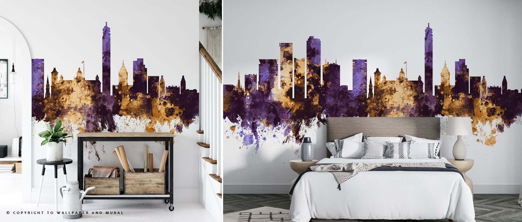 Soft gradients shimmer through Birmingham England Skyline Purple & Gold Wallpaper, balancing grandeur and calm. The palette enriches interiors with gentle majesty, highlighting proportion, poise, and enduring metropolitan beauty.