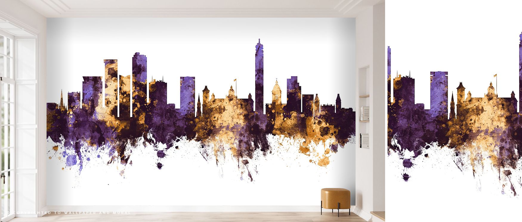 Twilight serenity glimmers through Birmingham England Skyline Purple & Gold Wallpaper, where architecture gleams beneath violet dusk. The skyline breathes refinement and depth, turning interiors into luminous reflections of balance, culture, and quiet Bri