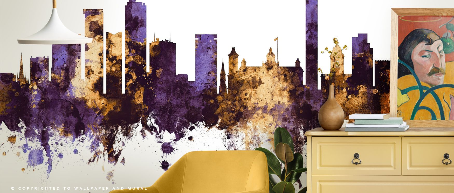 Amber radiance flows across Birmingham England Skyline Purple & Gold Wallpaper, merging light and symmetry. Each form reveals strength and grace, transforming rooms into visual tributes to elegance, structure, and heritage with modern restraint.