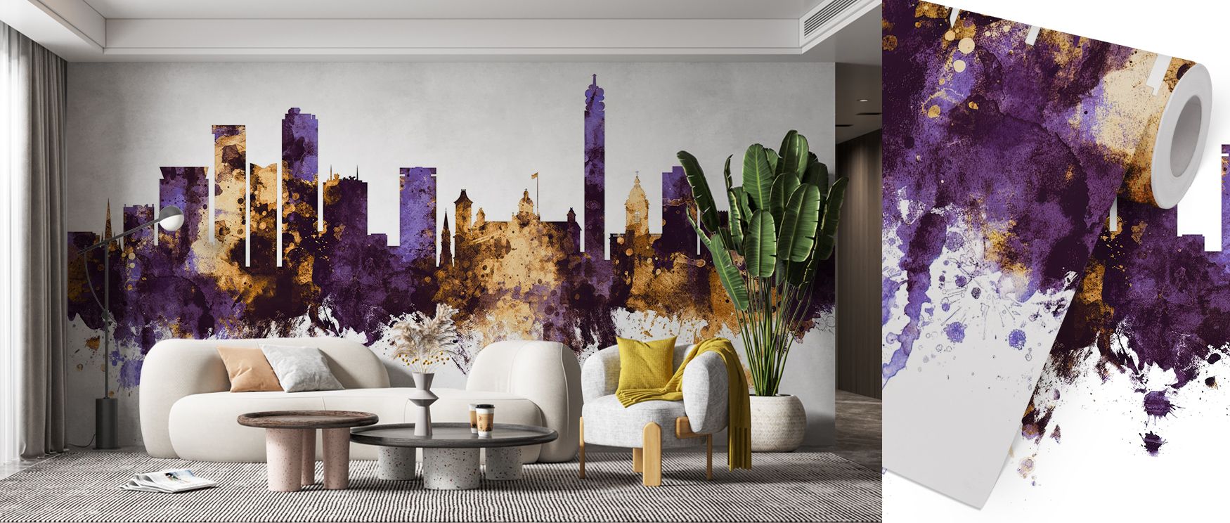 Golden tone drifts through Birmingham England Skyline Purple & Gold Wallpaper, capturing the still rhythm of evening. The imagery evokes cultural pride and modern grace, ideal for interiors that honor depth, light, and calm reflection.