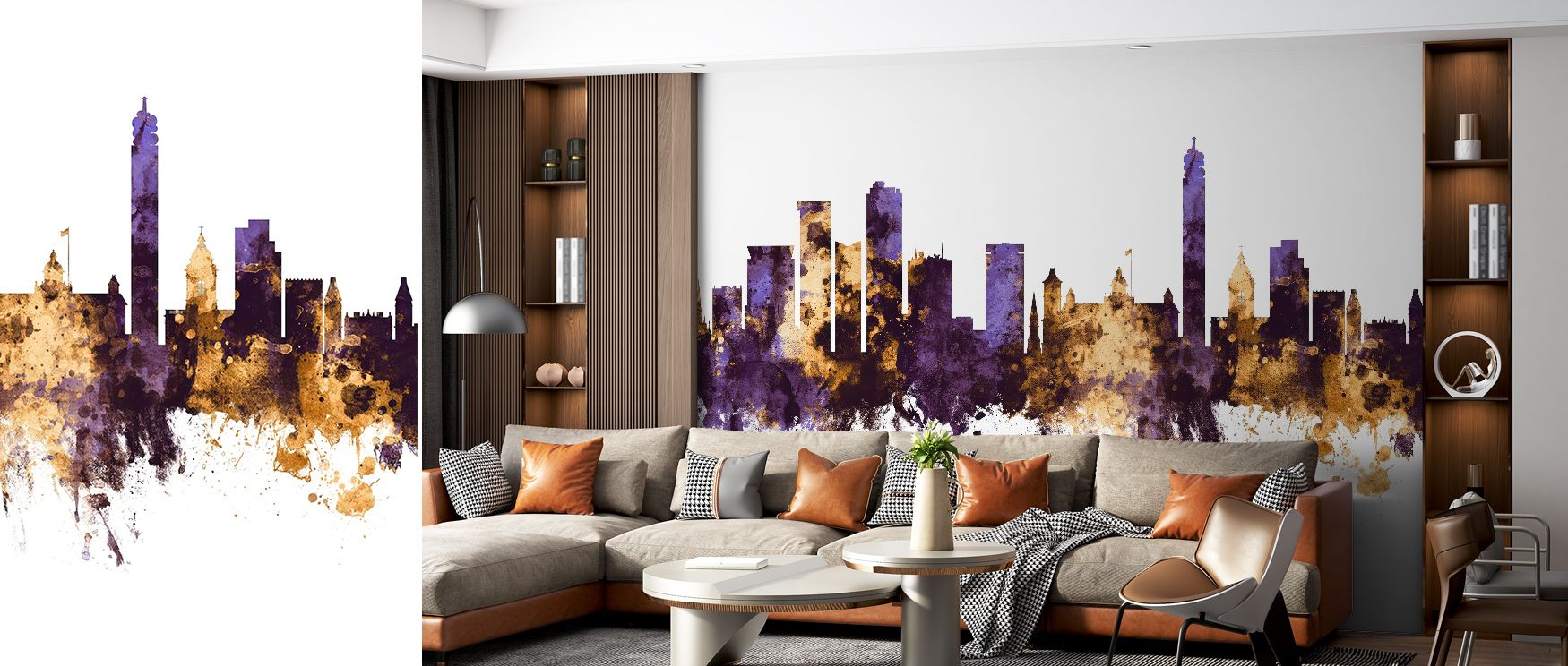 Subtle metallic harmony defines Birmingham England Skyline Purple & Gold Wallpaper, blending color and structure. Each silhouette radiates softness and confidence, enriching spaces with refined energy and tranquil proportion.