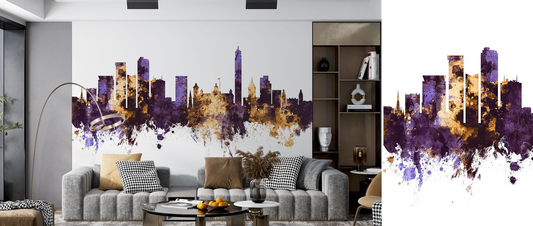 Urban poise emerges in Birmingham England Skyline Purple & Gold Wallpaper, where tone and form align. The design adds elegance, peace, and architectural artistry to interiors immersed in heritage and warmth.