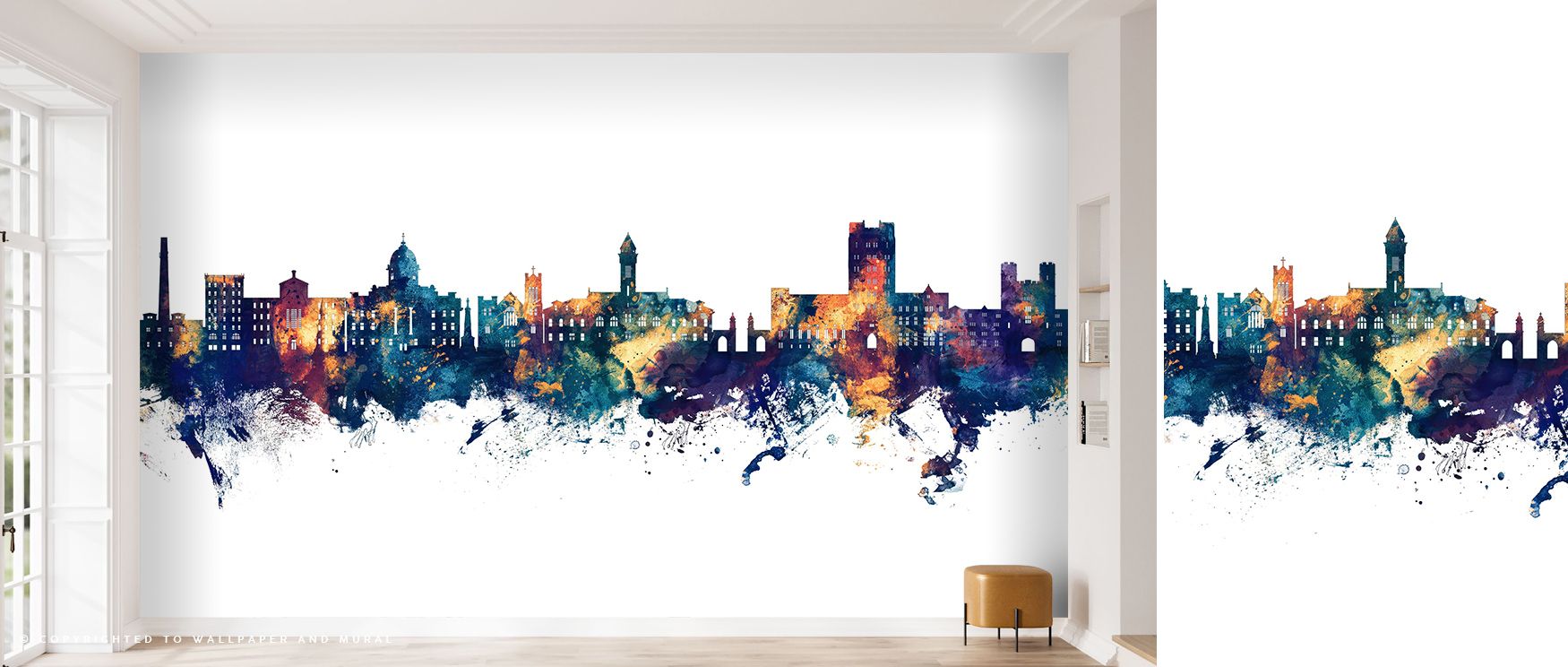 Serene depth defines Bloomington Indiana Skyline Blue & Bronze Wallpaper, blending art and architecture. Each shadow conveys proportion and calm, adding sophistication and stillness through gentle tone alignment.