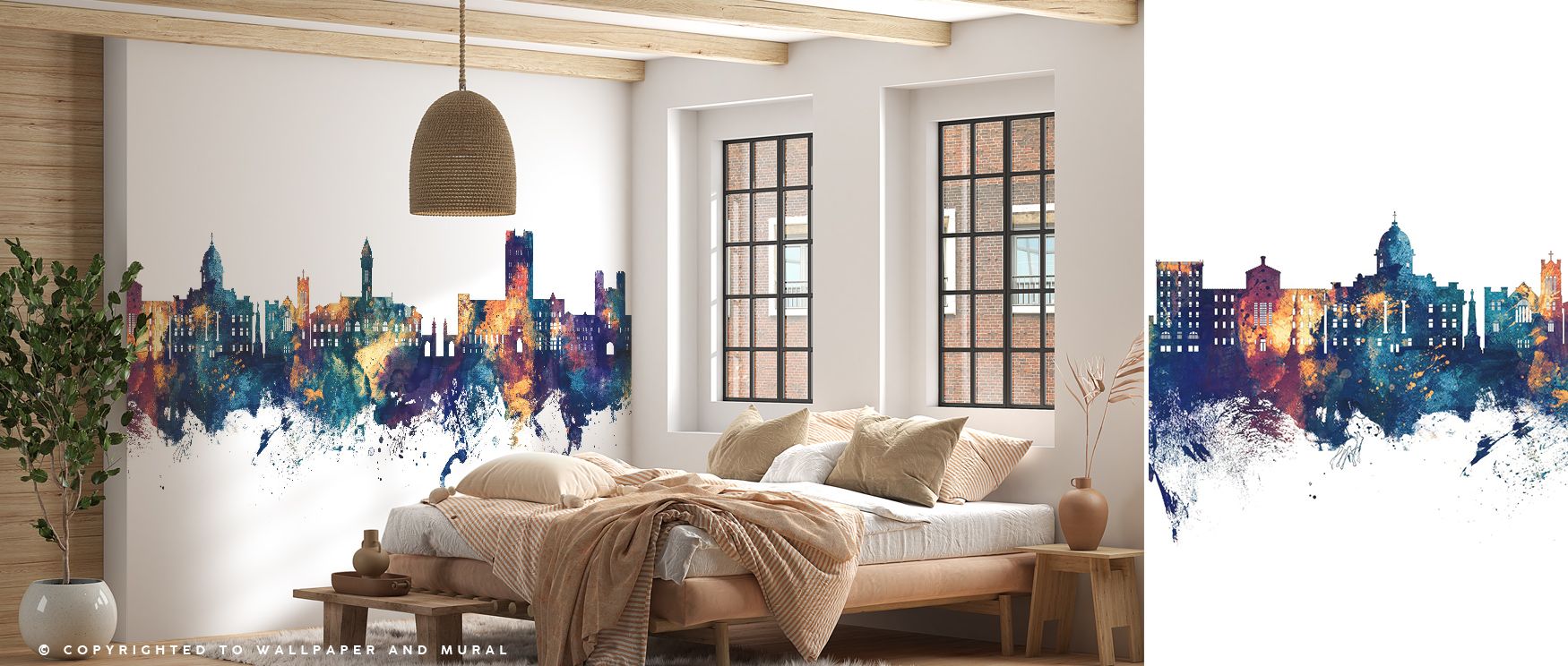 Azure light breathes through Bloomington Indiana Skyline Blue & Bronze Wallpaper, blending tone and form. Each structure stands in quiet composure, turning spaces into poetic landscapes filled with depth, calm, and timeless elegance.