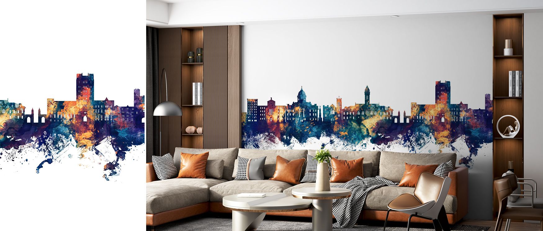 Soft radiance drifts across Bloomington Indiana Skyline Blue & Bronze Wallpaper, illuminating tone transitions. The design evokes warmth and peaceful strength, adding sophistication to interiors inspired by balance and light.
