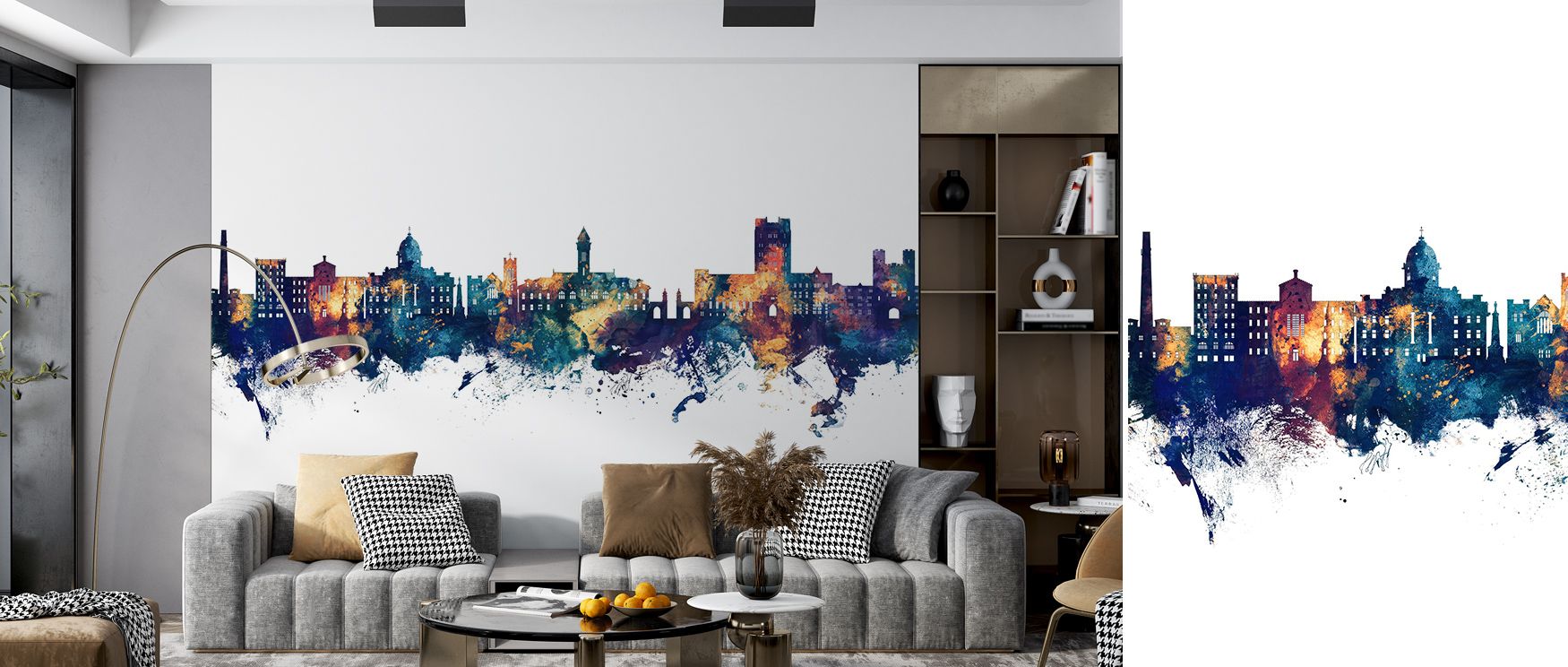 Architectural clarity shines in Bloomington Indiana Skyline Blue & Bronze Wallpaper, where metallic hues meet subtle light. The pattern embodies elegance and composure, turning walls into expressive canvases of structure and balance.