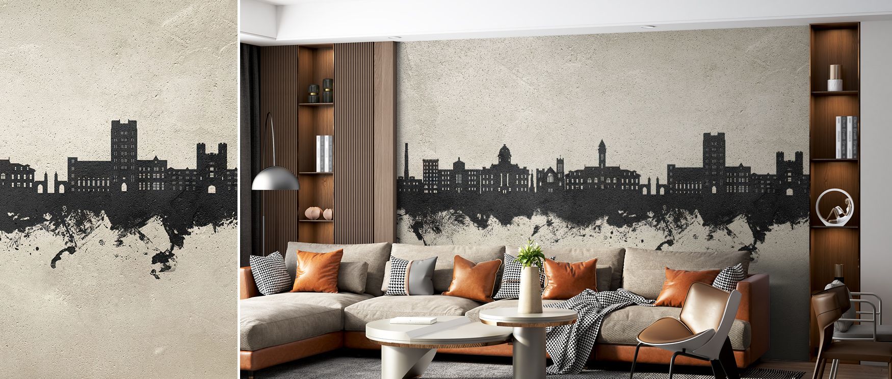 Monochrome gradients sweep through Bloomington Indiana Skyline Concrete Wallpaper, blending light and shade. Each skyline detail glows faintly, filling spaces with clarity, balance, and meditative urban stillness expressed through tone and proportion. 