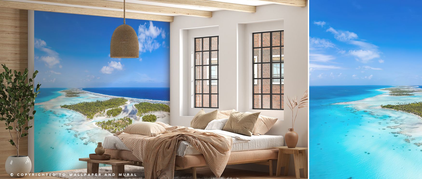 Azure reflections ripple through Blue Lagoon Tropical Escape Wallpaper, creating calm visual flow. The composition evokes emotion and clarity, blending structure and air to form timeless interiors grounded in beauty, balance, and composure. 
