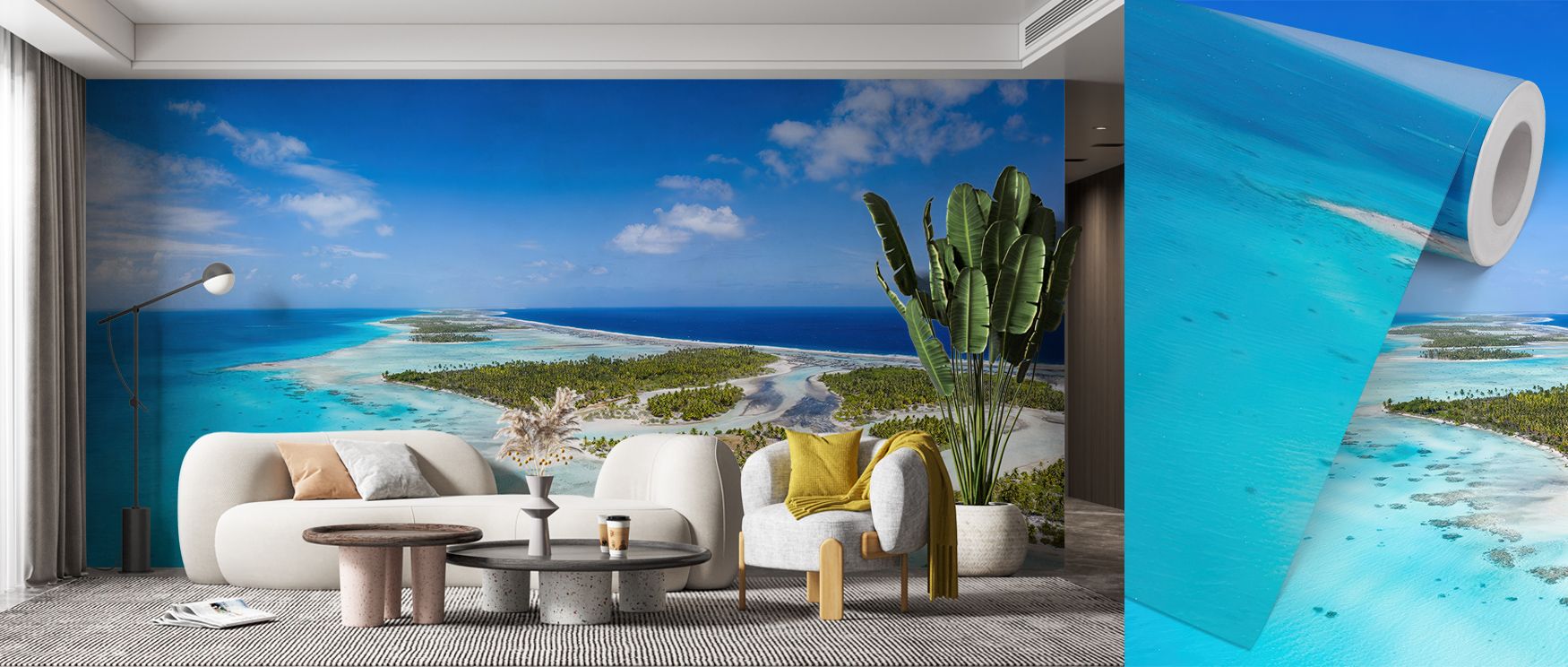 Tranquil energy flows within Blue Lagoon Tropical Escape Wallpaper, where layered hues mimic the stillness of a lagoon. The imagery exudes calm artistry, adding depth, freshness, and quiet joy to interiors inspired by tropical elegance. 