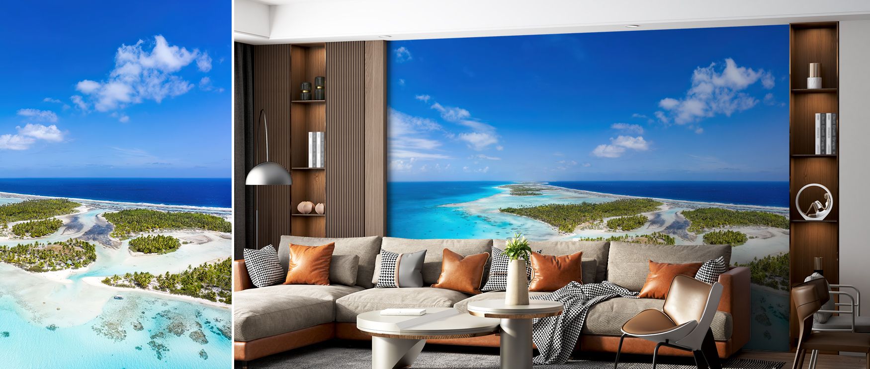 Serene luminosity envelops Blue Lagoon Tropical Escape Wallpaper, blending turquoise gradients and airy tone. The pattern reflects the essence of water, turning rooms into peaceful landscapes filled with harmony and emotional clarity. 