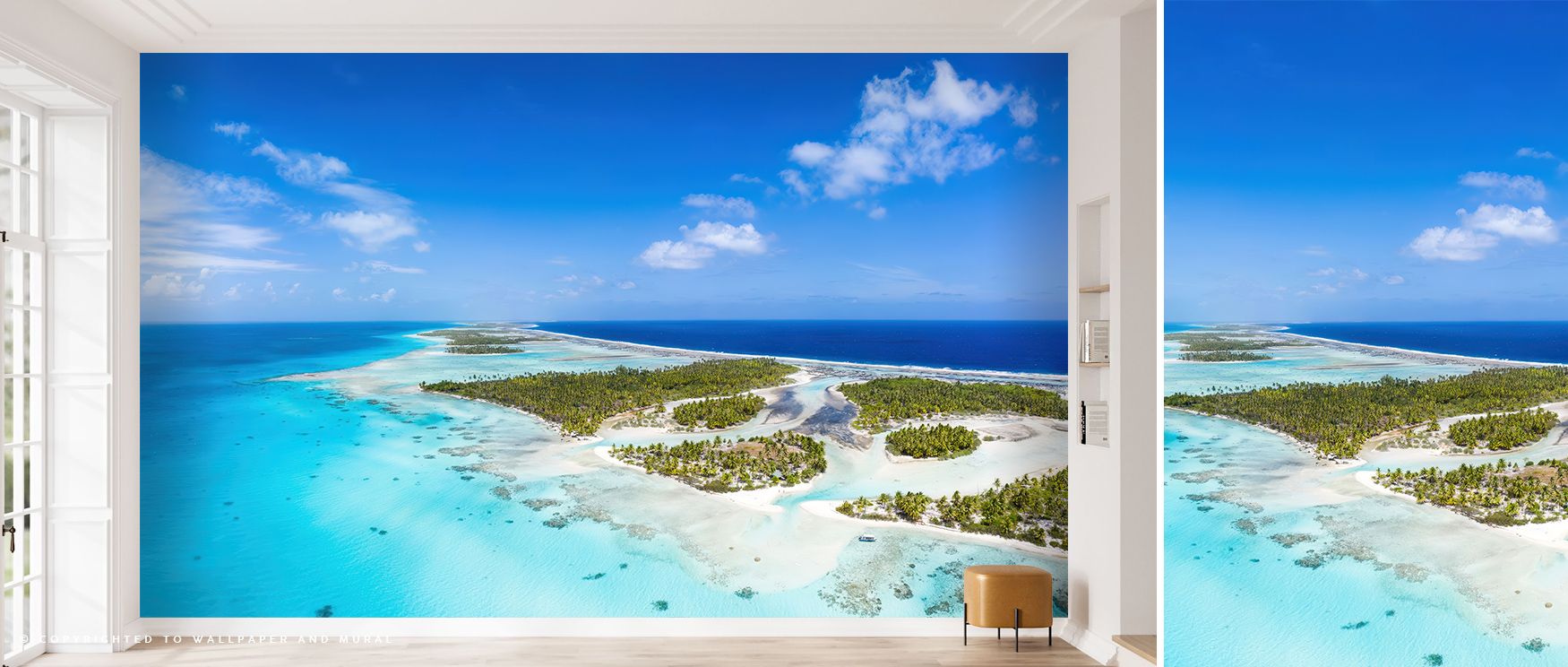 Warm breeze whispers through Blue Lagoon Tropical Escape Wallpaper, carrying reflections of sun and sea. The palette conveys warmth and serenity, adding organic beauty and compositional flow to interiors grounded in soft sophistication. 