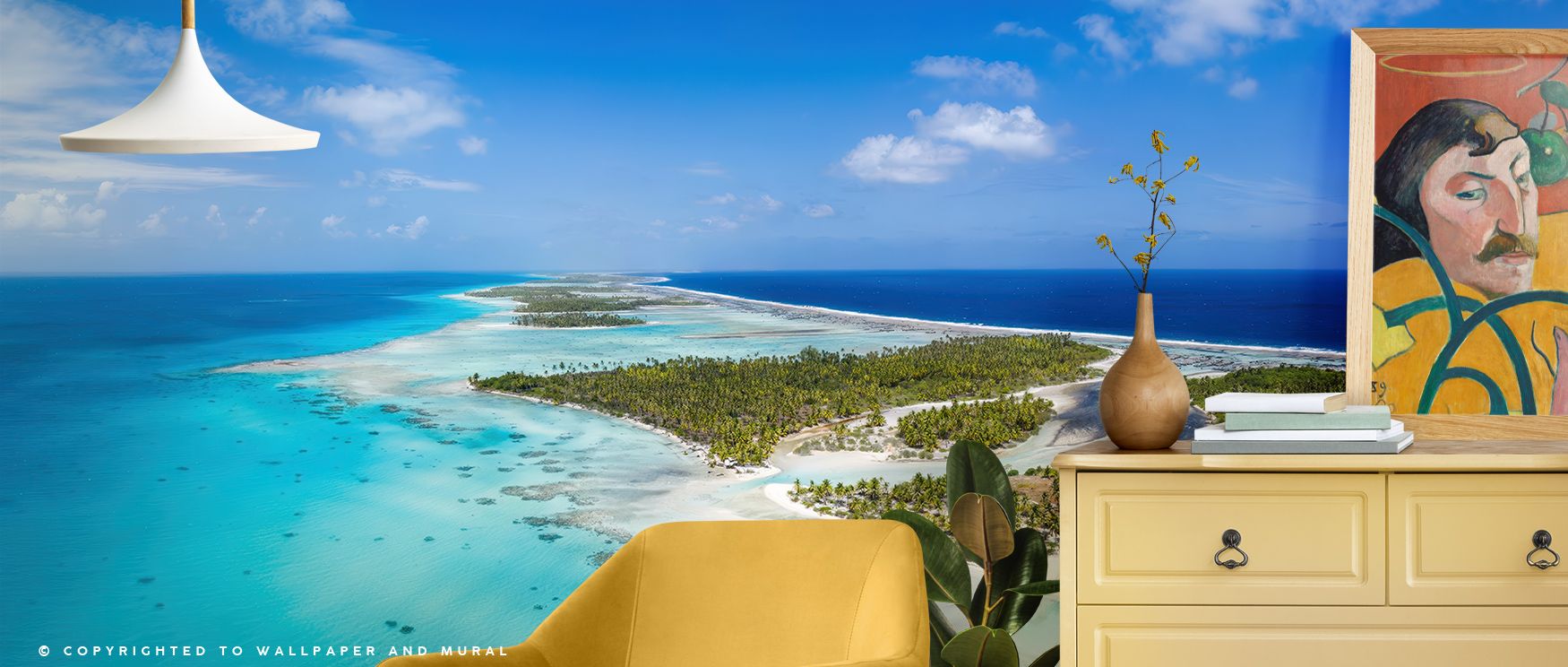 Gentle contrast defines Blue Lagoon Tropical Escape Wallpaper, where blue depth meets golden reflection. The scene captures calm elegance, filling rooms with quiet rhythm, visual energy, and coastal tranquility. 