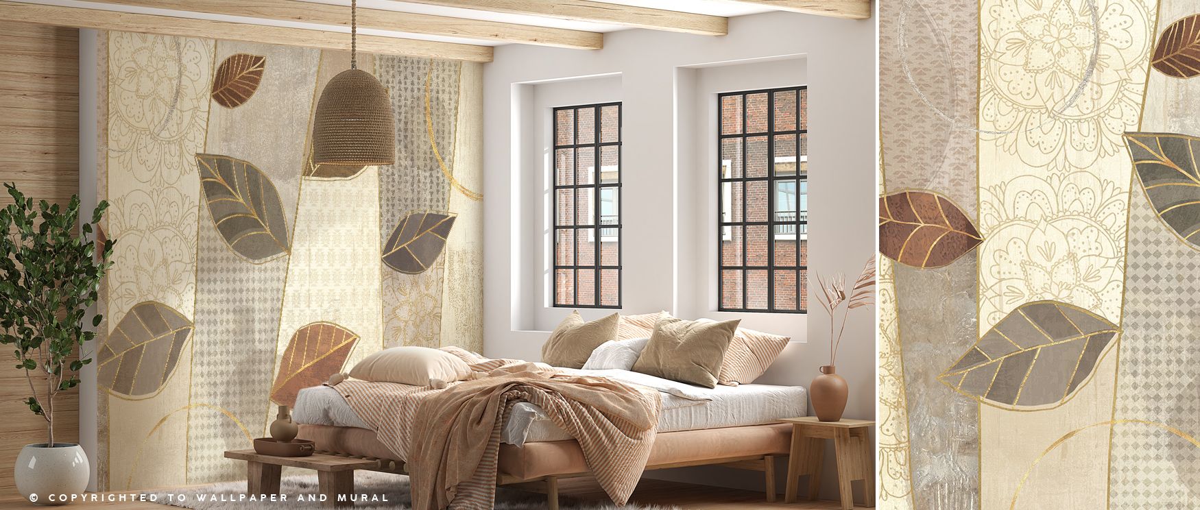 Warm light filters through Bohemian Leaves I Neutral Wallpaper, revealing soft botanical shapes in earthy tone. The design radiates harmony and natural sophistication, turning interiors into restful havens filled with calm, texture, and refined bohemian c