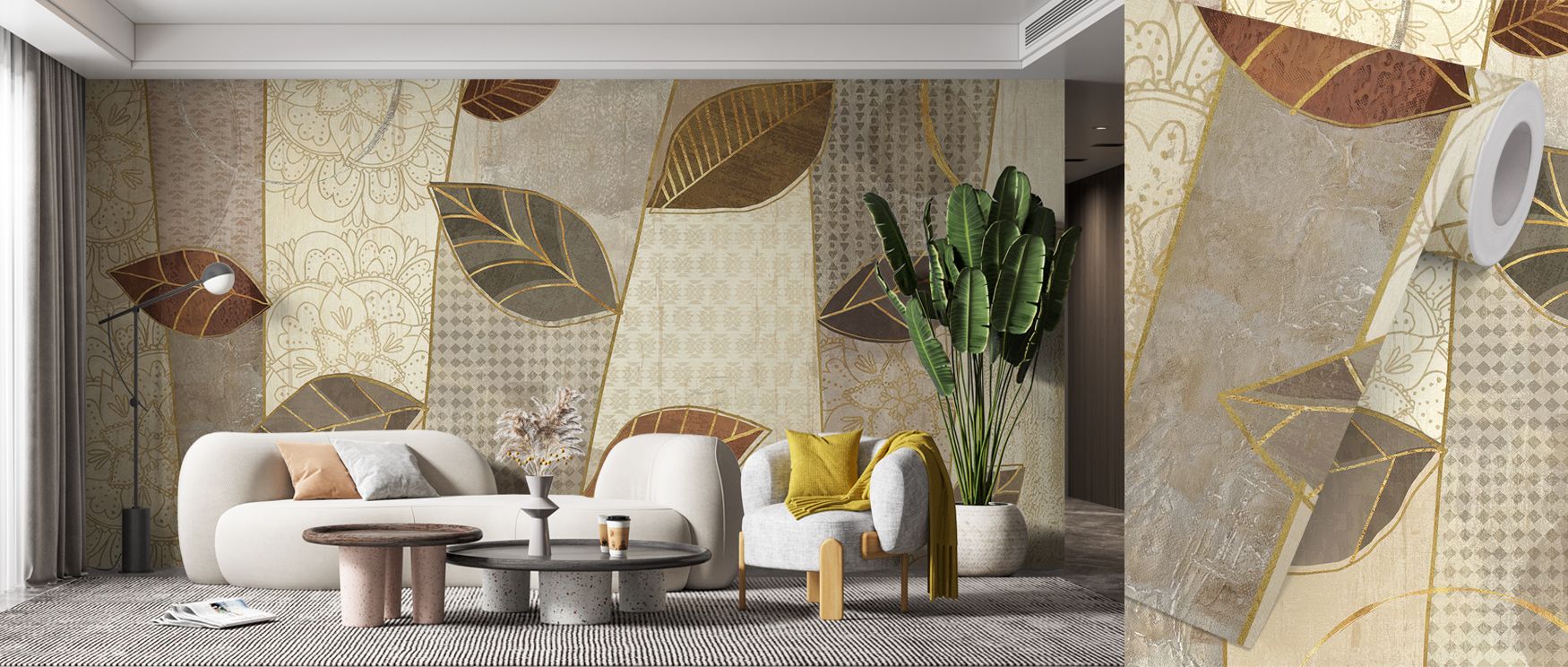 Gentle warmth flows across Bohemian Leaves I Neutral Wallpaper, where texture meets subtle tone. The composition captures earthy simplicity and soft composure, transforming interiors into balanced spaces that feel both natural and refined. 