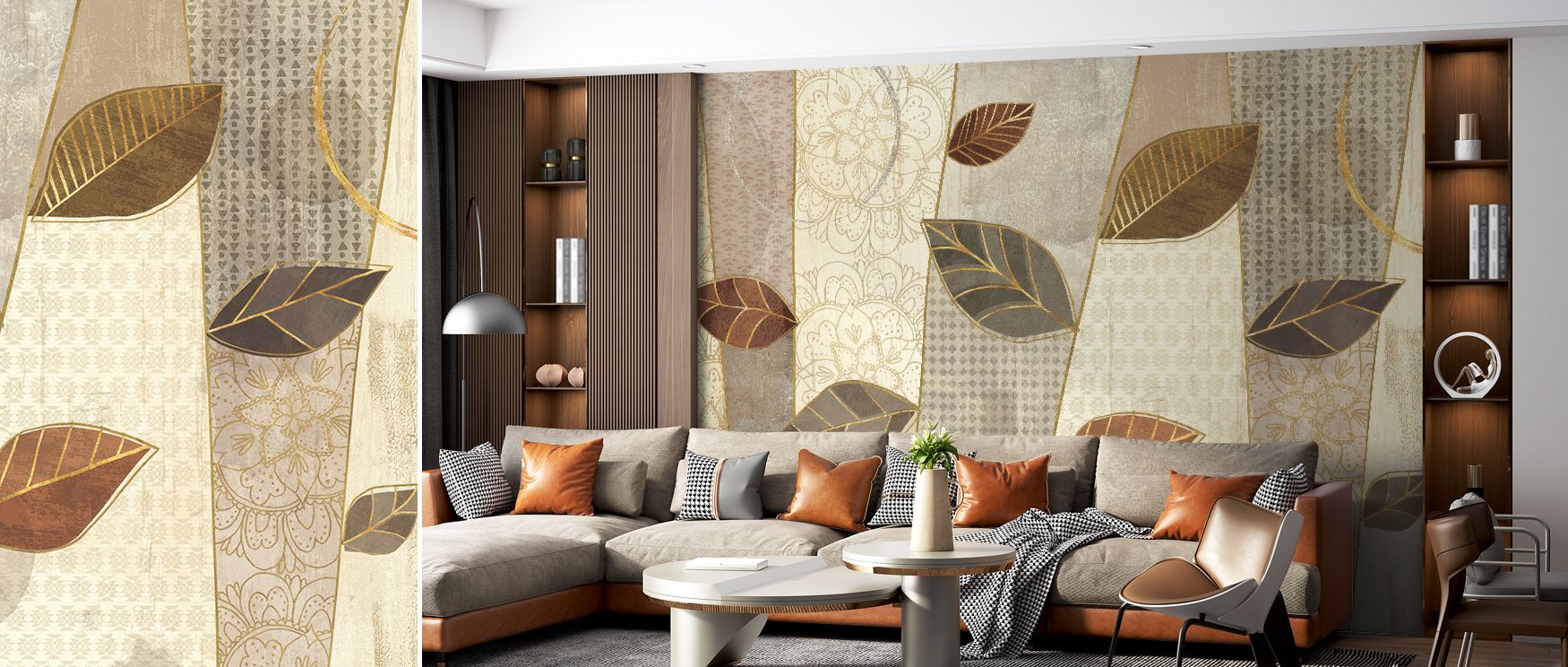 Muted sunlight glides through Bohemian Leaves I Neutral Wallpaper, layering tone and shadow. The imagery evokes emotion and stillness, offering interiors calm proportion, subtle energy, and timeless serenity. 