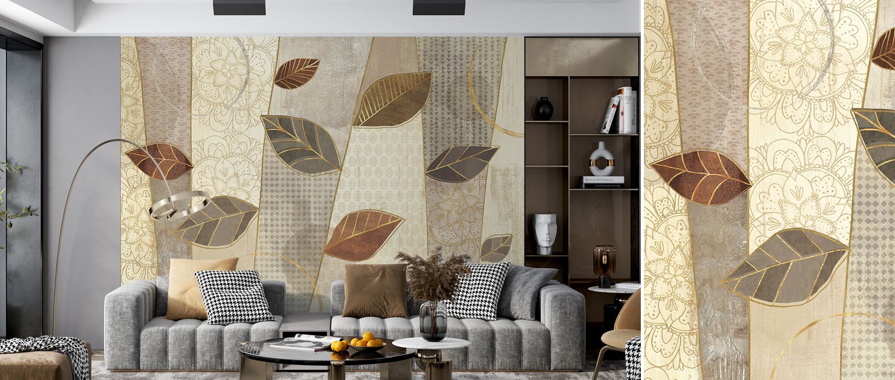 Light dances gently across Bohemian Leaves I Neutral Wallpaper, emphasizing natural contrast. The design infuses rooms with openness and peace, ideal for spaces seeking warmth and understated botanical elegance. 