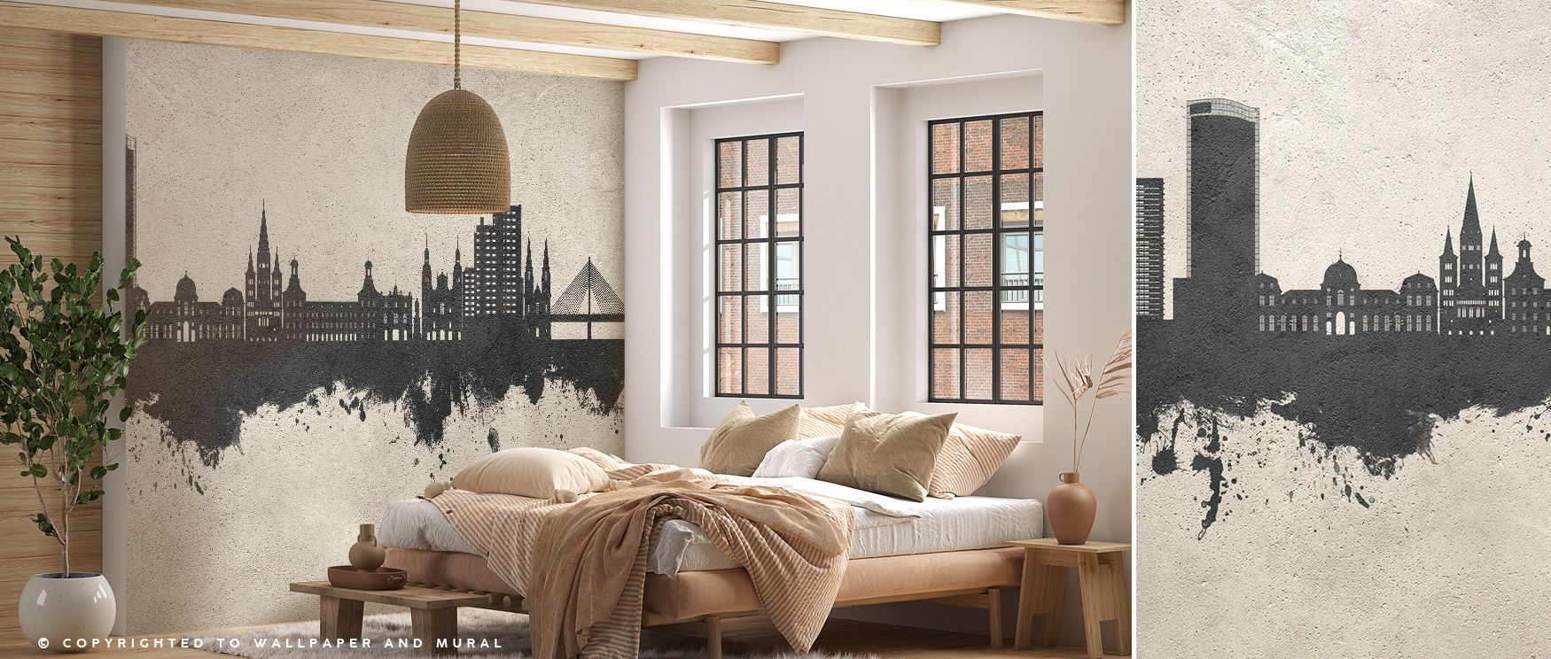 Monochrome light reflects through Bonn Skyline Concrete Wallpaper, enhancing geometric stillness. The palette conveys stability and softness, ideal for interiors grounded in compositional grace and modern sophistication. 