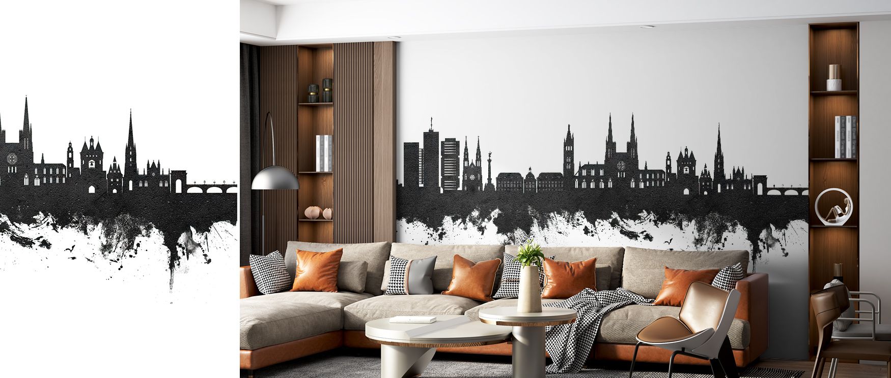 Monochrome texture unfolds within Bordeaux France Skyline Black & White Wallpaper, where tone meets refinement. The skyline radiates simplicity and strength, enriching spaces with architectural rhythm and balance. 