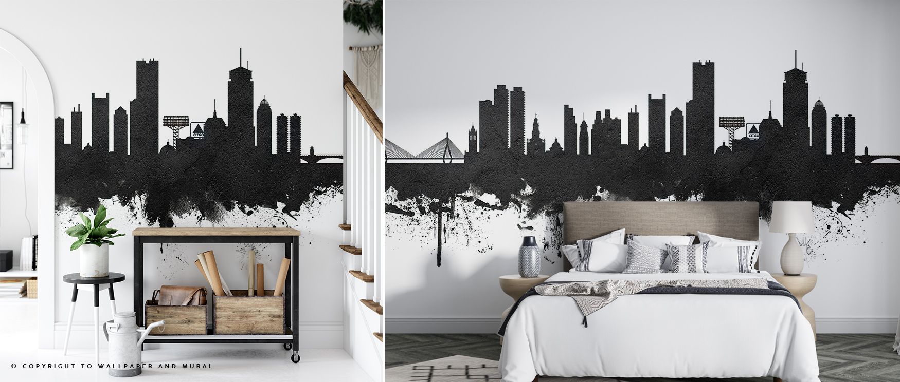 Silhouetted rooftops and intricate spires form the captivating Boston Massachusetts Skyline Black & White Wallpaper, where dark shadows merge with pale skies in timeless symmetry. Each contour celebrates Boston’s architectural legacy while inviting serene