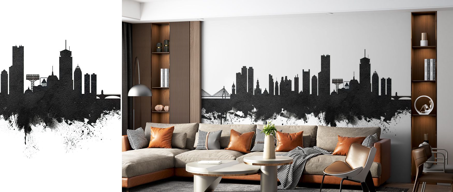 Luminous gradients dance across the Boston Massachusetts Skyline Black & White Wallpaper, highlighting domes and bridges in graceful alignment. The artwork portrays Boston’s skyline as a poetic landscape of calm strength, filling rooms with balanced tones