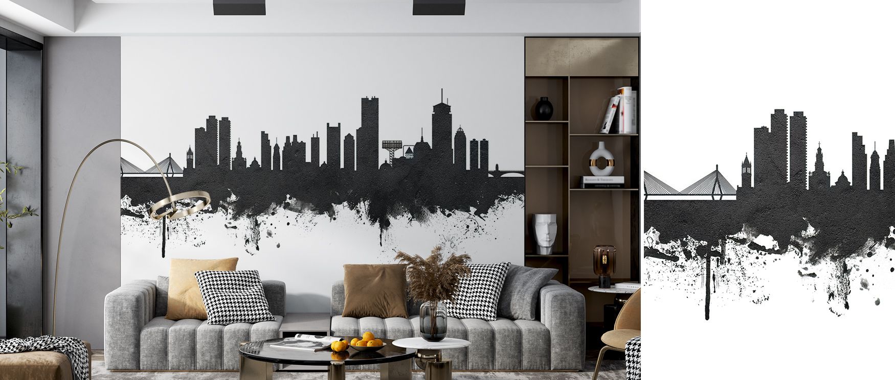 Artistry unfolds within the Boston Massachusetts Skyline Black & White Wallpaper, where each spire and window stands etched in contrasting hues. The soft transition between light and shadow evokes movement, giving the illusion of city life frozen in a cal