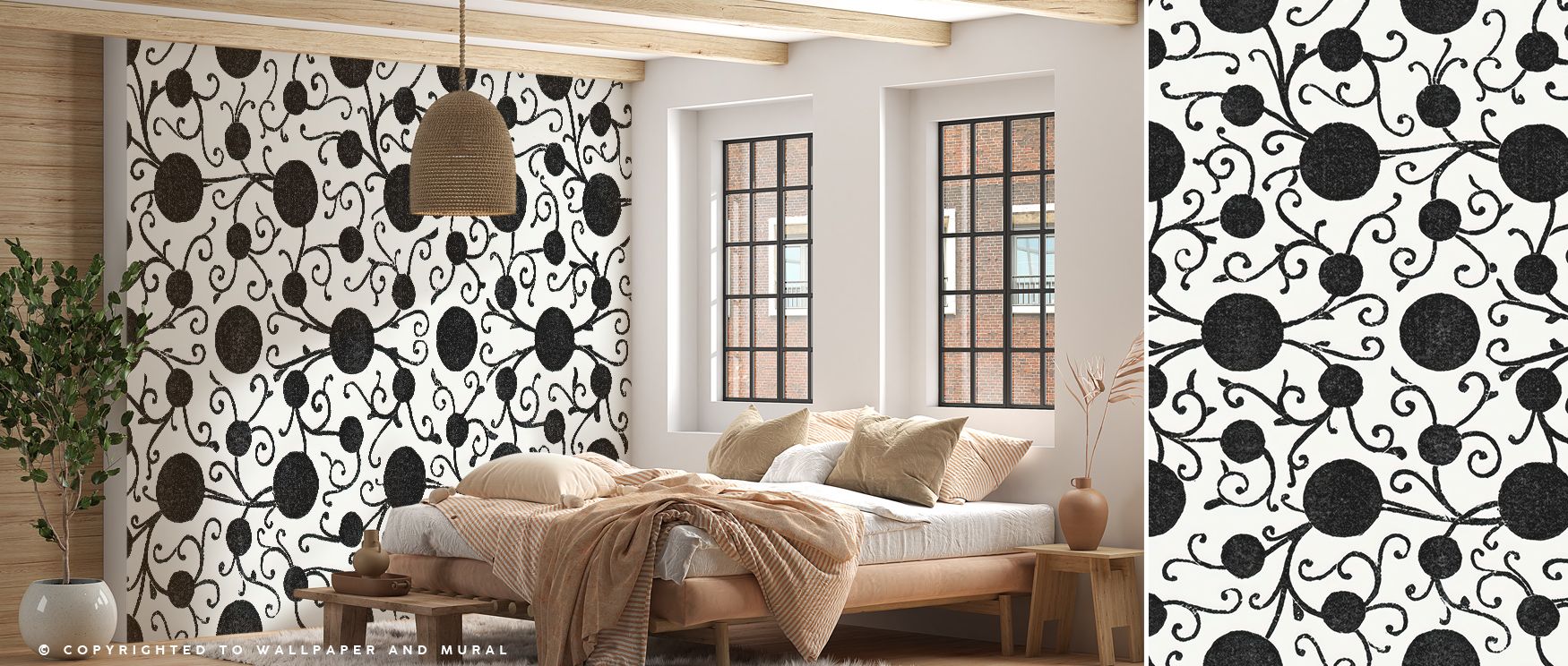 Soft illumination dances over the Botanical Black Wallpaper, revealing petals like whispers of moonlight across the wall. The depth of its black tones contrasts elegantly with botanical flourishes, enhancing any space with atmosphere and romance. Its quie