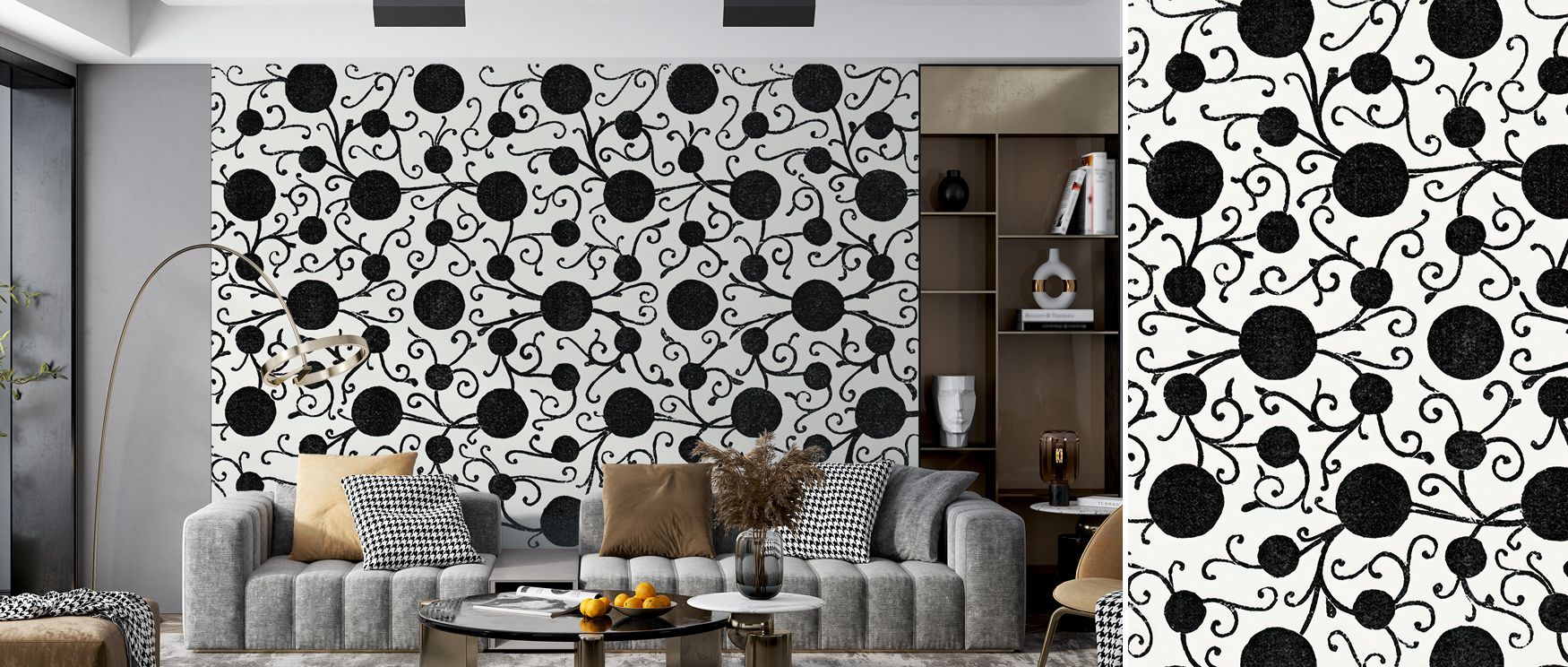 Within the Botanical Black Wallpaper, silhouettes of nature unfold like ink sketches at dusk. The design conveys poetic simplicity through texture and depth, ideal for hallways or creative corners that invite soft contemplation and grace. 