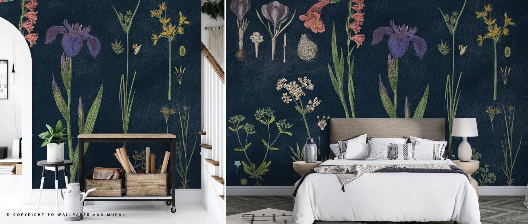 Rich shadows move gently through the Botanical Floral Chart II Dark Blue Wallpaper, where intricate florals evoke harmony between nature and artistry. The palette’s depth encourages calm and timeless expression, bringing emotional balance to softly lit in
