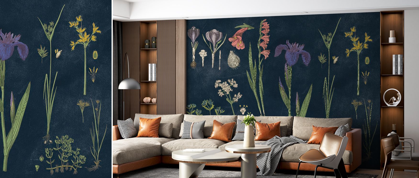 Serenity flows through the Botanical Floral Chart II Dark Blue Wallpaper, balancing lush floral motifs with atmospheric depth. The interplay of shadow and hue gives a painterly softness, turning everyday walls into poetic testaments to natural grace and e