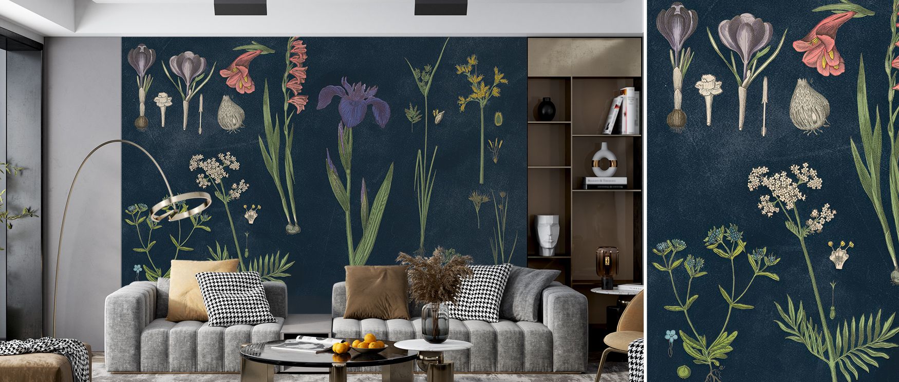 Fine detailing within the Botanical Floral Chart II Dark Blue Wallpaper offers serenity through its union of form and shade. With muted highlights and graceful patterning, it envelops interiors in warmth, refinement, and peaceful visual rhythm. 