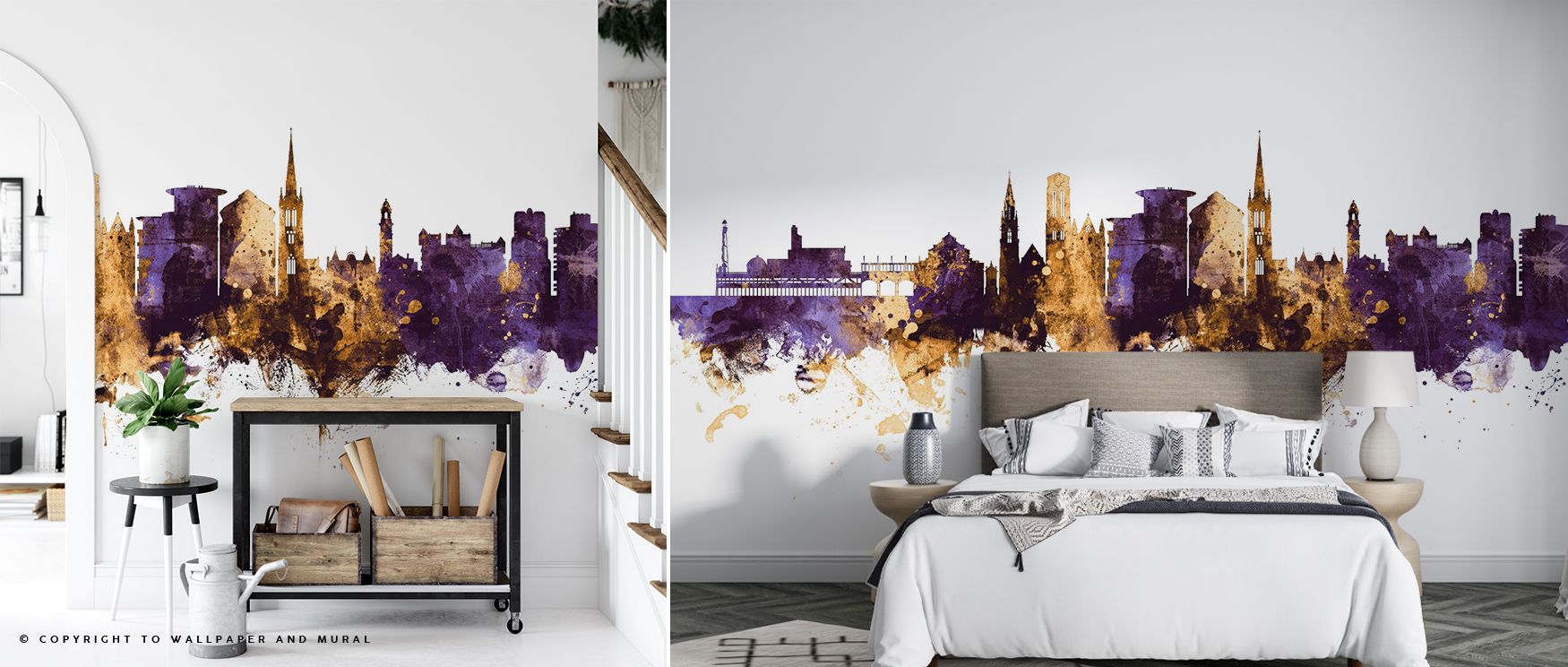 Deep purple shades cradle the Bournemouth England Skyline Purple & Gold Wallpaper, highlighting each spire and roofline with golden light. The scene feels majestic and poetic, perfect for enhancing living or office spaces with calm grandeur. 
