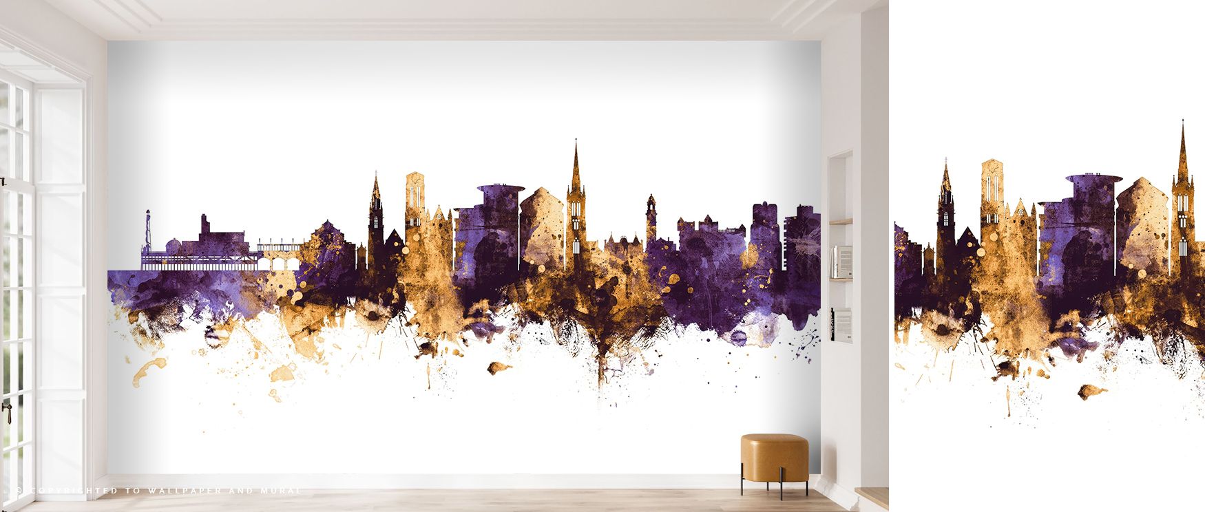 Soft brilliance defines the Bournemouth England Skyline Purple & Gold Wallpaper, as radiant tones merge with structured silhouettes. The skyline shimmers in twilight hues, blending art and architecture in harmonious refinement, ideal for modern interiors 