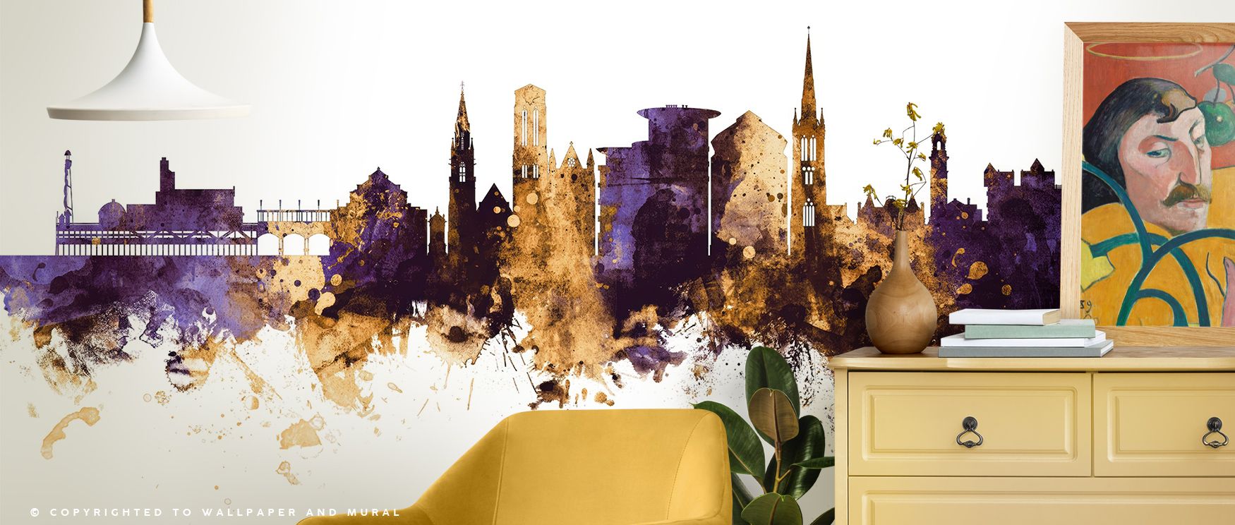 Elegance unfolds across the Bournemouth England Skyline Purple & Gold Wallpaper, where intricate golden lines trace city contours. The composition celebrates Bournemouth’s beauty in tranquil rhythm, illuminating spaces with grace and historic pride. 