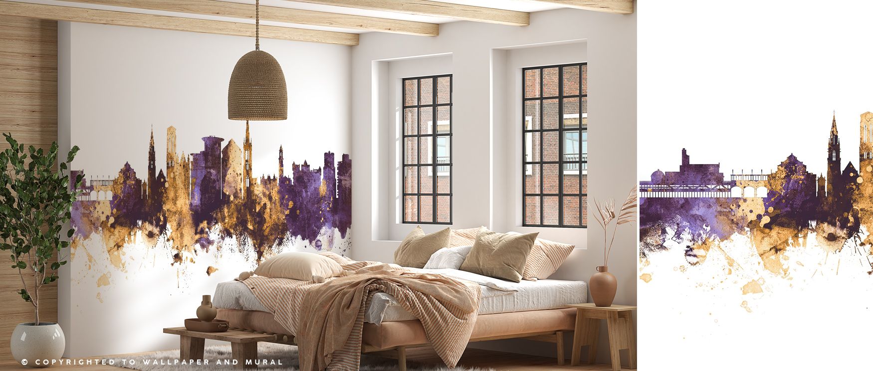 Harmony and contrast breathe through the Bournemouth England Skyline Purple & Gold Wallpaper, capturing architectural grace in glowing detail. Its layered tones create immersive calm, enriching interiors with timeless coastal sophistication. 