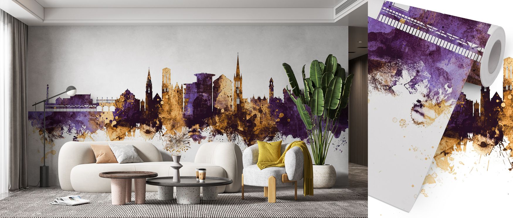 Subtle radiance glides across the Bournemouth England Skyline Purple & Gold Wallpaper, revealing fine structural artistry. The gentle glow of gold enhances modern interiors, turning walls into serene portraits of Bournemouth’s elegance. 