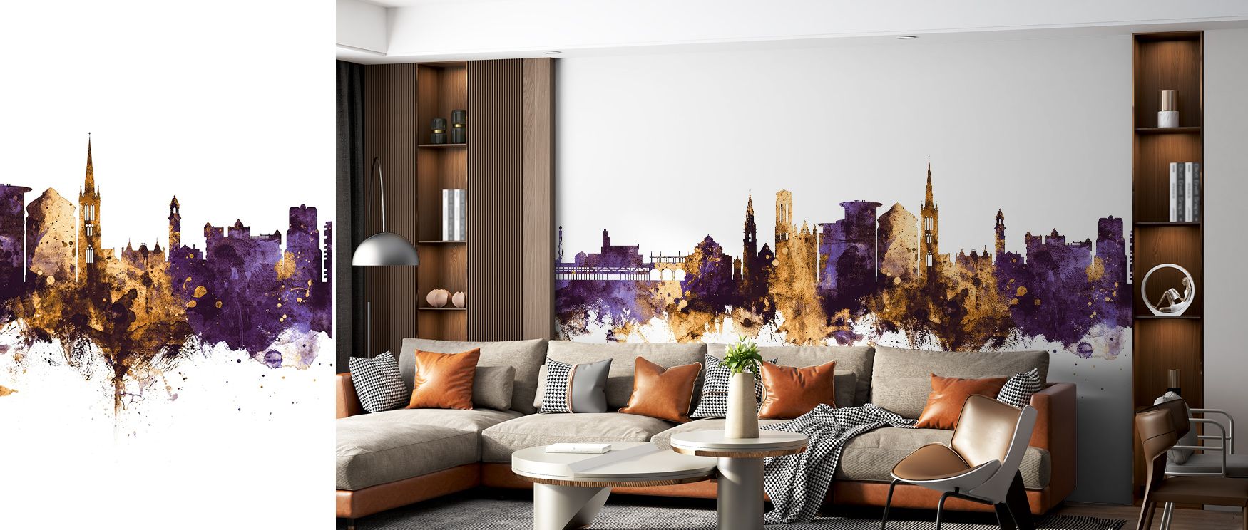Layers of twilight depth give the Bournemouth England Skyline Purple & Gold Wallpaper an ethereal charm. The warm balance between purple skies and gilded details transforms any space into a refined visual journey of beauty and serenity. 