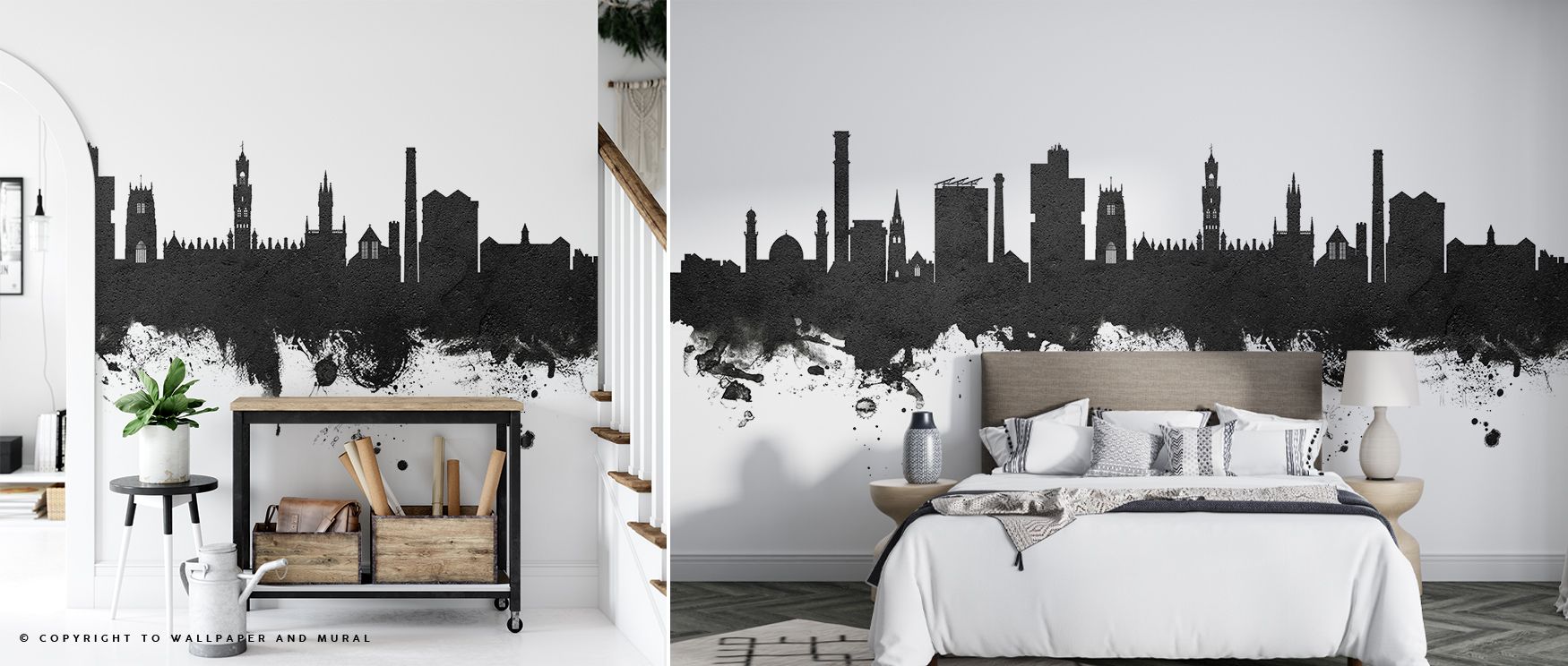 A poetic stillness defines the Bradford England Skyline Black & White Wallpaper, its muted contrasts blending effortlessly into modern décor. The city’s form stands proud and tranquil, evoking reflection and understated beauty. 