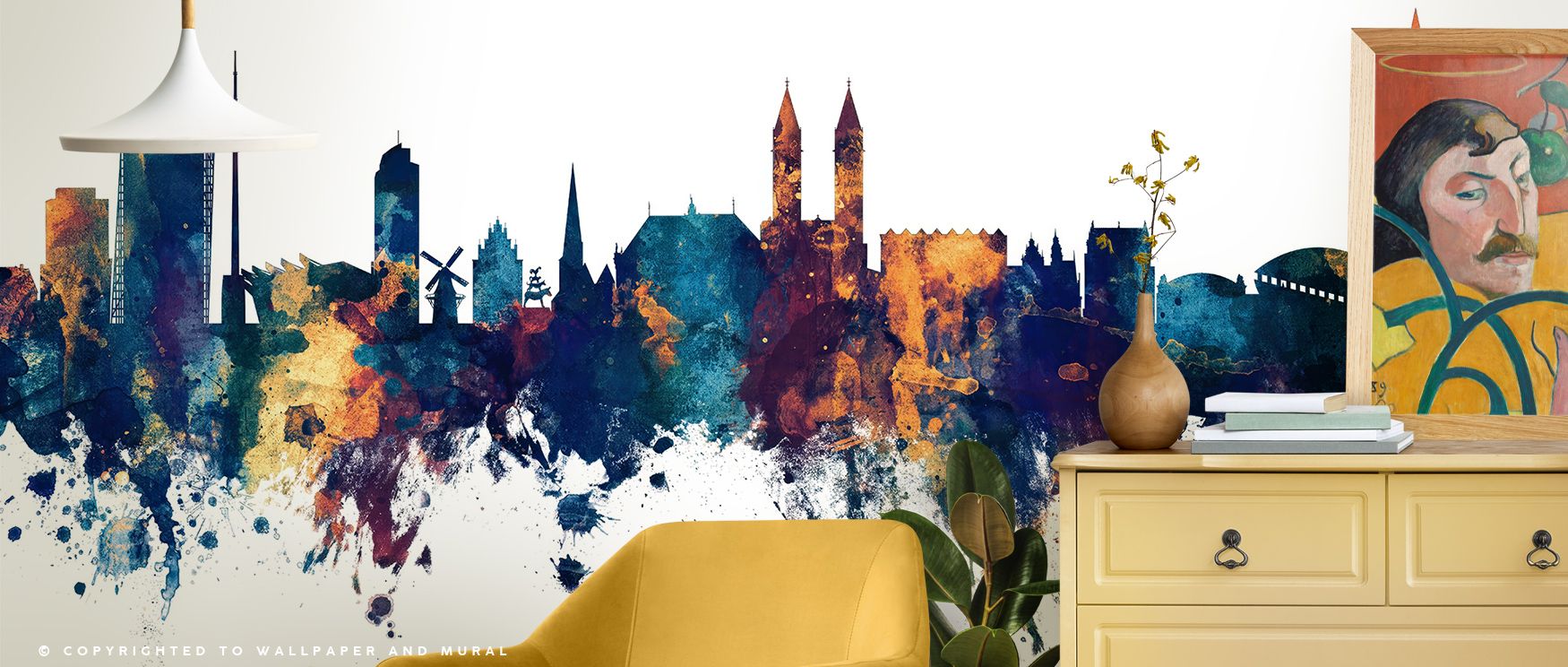 A serene glow flows through the Bremen Germany Skyline Blue & Bronze Wallpaper, capturing the moment day fades into dusk. Golden light glints across domes and rooftops, highlighting detail and symmetry. The design feels alive yet composed, blending urban 